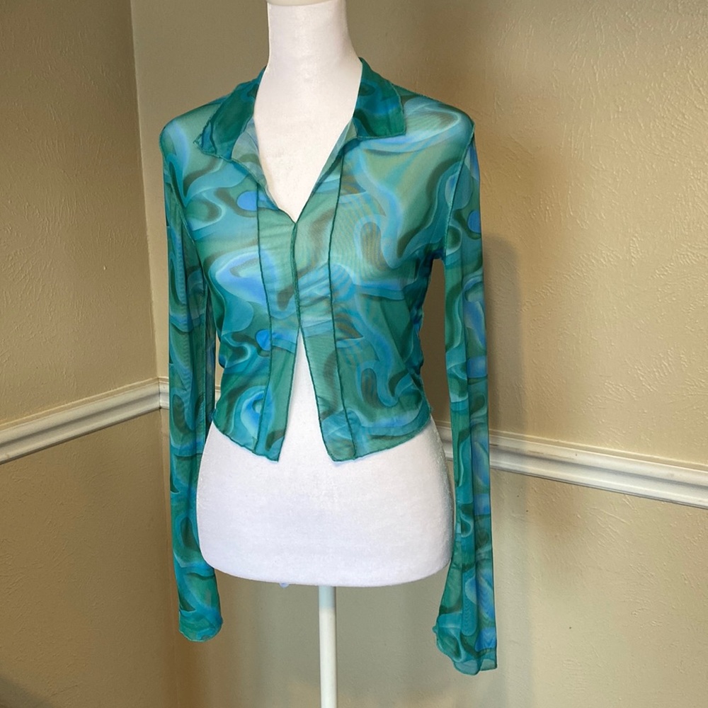 Shein Blue & Green Long Sleeve Tie Dye Crop Top